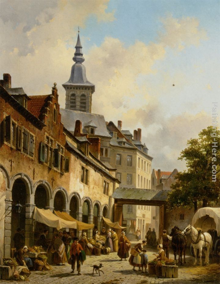 Jacques Carabain A Busy Market on a Town Square